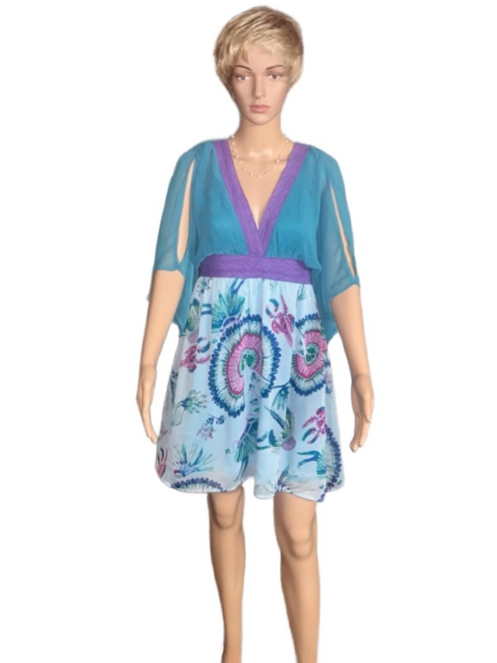 A’ Reve ~ Women’s Size Small ~  Blue/ Purple ~ W/ Feathers Design ~ Dress ~ New
